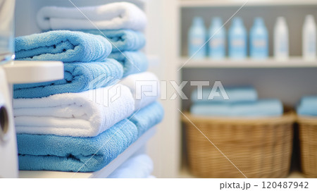 整然と畳まれたタオルとランドリールーム 120487942