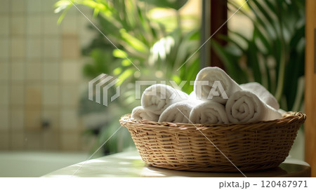 バスケットに収められた清潔な白いタオル 120487971