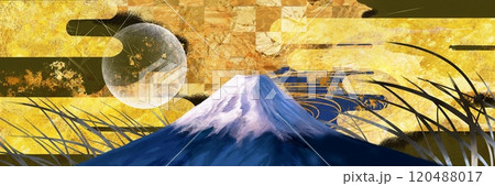 美しい雪化粧の富士山と金箔平安朝風の雲と金銀砂子の輝く風景画ワイド 