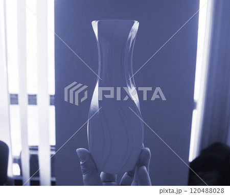 Person holding blue vase model, printed on 3D printer, against blue wall. Three-dimensional model printed on 3D printer from molten plastic blue color. Concept 3D Printing. FDM 3D Printing technology Person holding blue vase model, printed on 3D printer, against blue wall. Three-dimensional model printed on 3D printer from molten plastic blue color. Concept 3D Printing. FDM 3D Printing technology 120488028