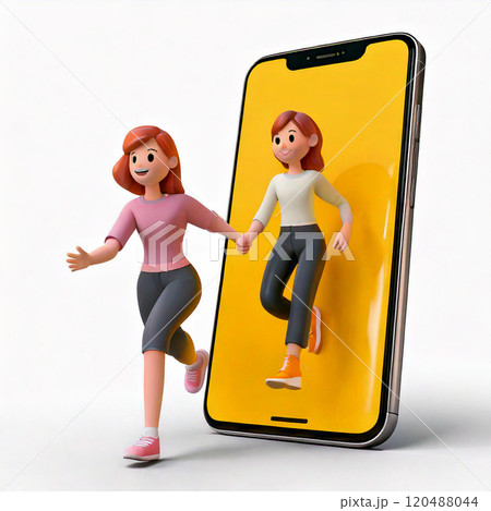 2人の女性がスマートフォンから飛び出す:立体3dフィギュアイラスト。 2人の女性がスマートフォンから飛び出す:立体3dフィギュアイラスト。 120488044