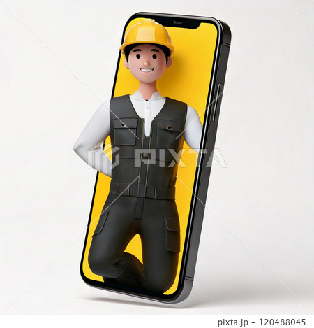 建設現場で働く男性がスマートフォンから飛び出す:立体3dフィギュアイラスト。 建設現場で働く男性がスマートフォンから飛び出す:立体3dフィギュアイラスト。 120488045