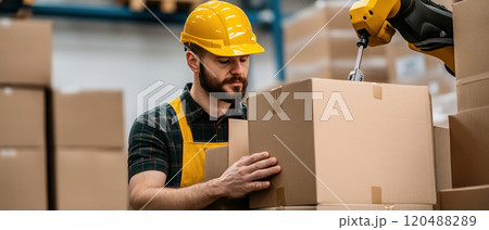 Worker carefully stacking cardboard boxes in a warehouse environment. 120488289