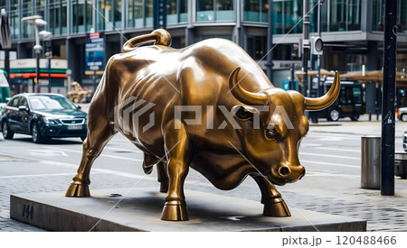 Bull statue representing aggressive financial optimism and prosperity. 120488466