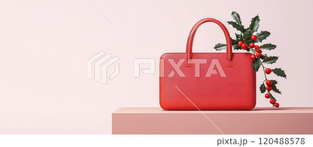Stylish red handbag with festive greenery on a pastel background. Stylish red handbag with festive greenery on a pastel background. 120488578