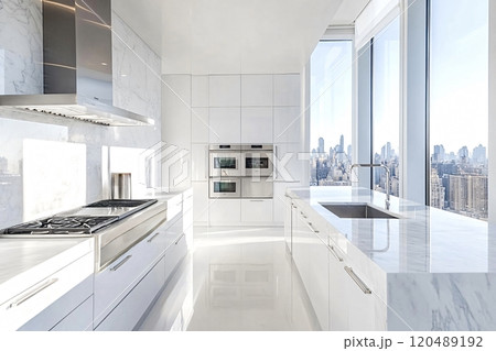 Modern white kitchen interior shining with elegance and city view 120489192