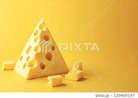 Triangular piece of swiss cheese lying on yellow background 120489197
