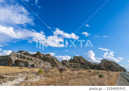 Majestic Sandstone Cliffs and Golden Grassland. Isalo National Park, Madagascar. 120489341