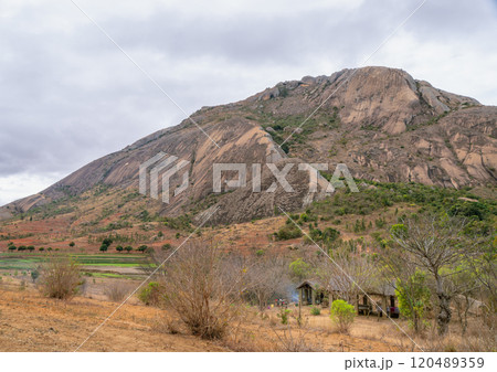 Majestic Sandstone Cliffs and Golden Grassland. Isalo National Park, Madagascar. 120489359