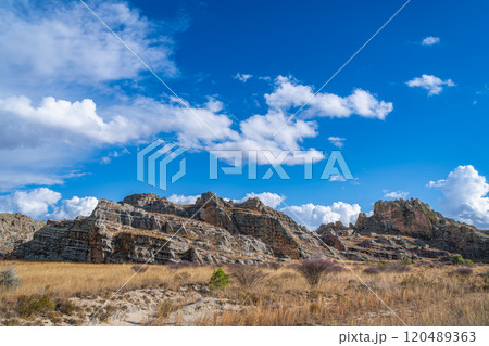 Majestic Sandstone Cliffs and Golden Grassland. Isalo National Park, Madagascar. 120489363