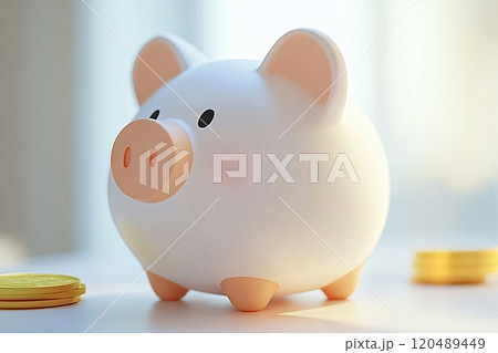 White piggy bank standing on desk with coins nearby 120489449