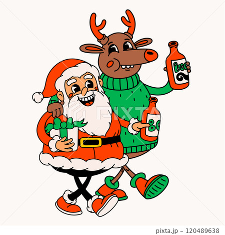 Drunk Santa Claus and deer. Groovy vintage funny Santa and reindeer characters celebrating holidays. 120489638