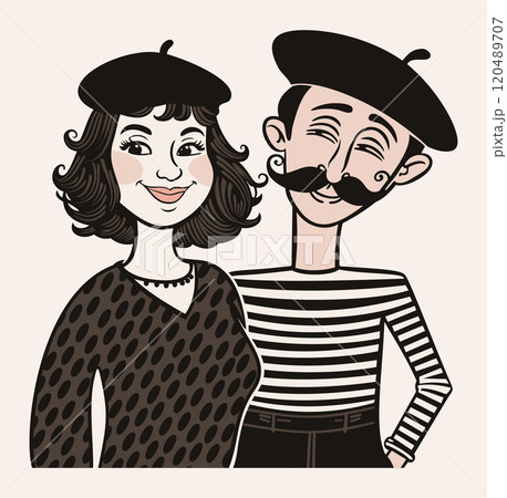 Cute french couple in berets. Vector isolated illustration 120489707