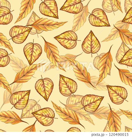 Seamless watercolor autumn pattern. Autumn leaves of birch, beech hand-drawn with yellow watercolor. Suitable for printing on fabric, for furniture and interior decoration, for scrapbooking 120490015