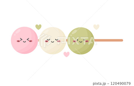 Hanami dango sweet rice cake dessert. Traditional Japanese sweet wagashi food. Kawaii mochi dango stick Hanami dango sweet rice cake dessert. Traditional Japanese sweet wagashi food. Kawaii mochi dango stick 120490079