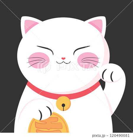 Cute cartoon maneki neko talisman. Japanese lucky cat. Symbol of wealth and luck. Vector illustration 120490081