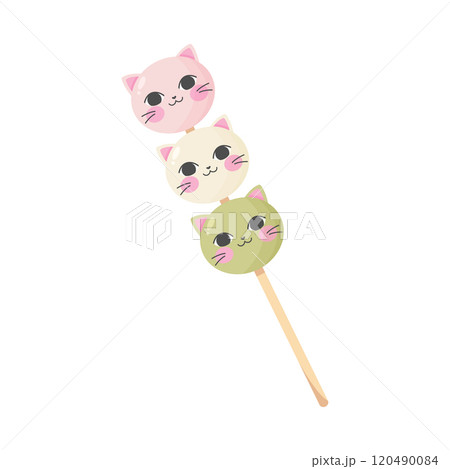 Mochi dango sweet dessert. Traditional Japanese sweet wagashi food. Cute kawaii cat dango. Vector illustration 120490084