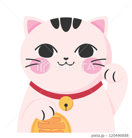 Cute cartoon maneki neko isolated. Japanese lucky cat. Symbol of wealth and luck.  Vector illustration 120490086