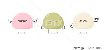 Cute kawaii mochi rice cake character set. Japanese sweet rice cake cartoon dessert. Strong mochi with muscles 120490088