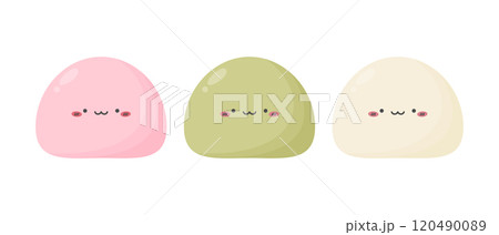 Cute kawaii mochi rice cakes set. Japanese sweet rice cake cartoon dessert. Cute mochi in pink, white and green colors 120490089