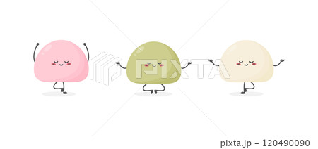 Three cute cartoon mochi characters doing yoga. Japanese sweet rice cake dessert. Vector illustration 120490090