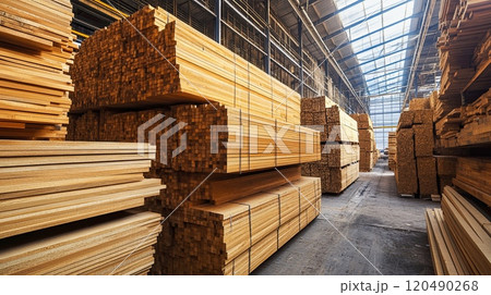 Stacks of processe timber planks in a warehouse, representing wood manufacturing and timber industry 120490268
