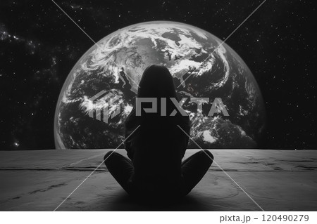Rear view of a sitting girl and looking at the planet Earth 120490279