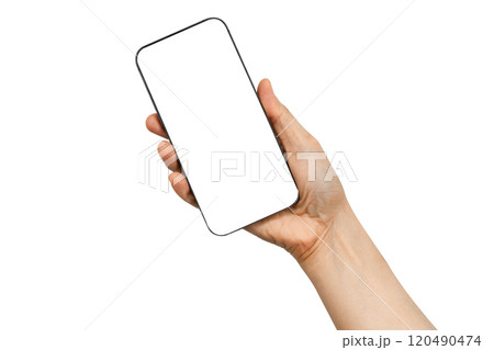 Asian woman holding smartphone in hand with blank screen isolated on white background with clipping path. 120490474