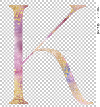 Light pink watercolor letter K with golden splashes, romantic wedding isolated monogram initials Light pink watercolor letter K with golden splashes, romantic wedding isolated monogram initials 120490609