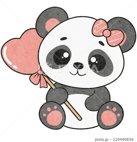 cute baby panda holding a heart lollipop in cartoon style, perfect for valentine designs and illustrations. 120490656
