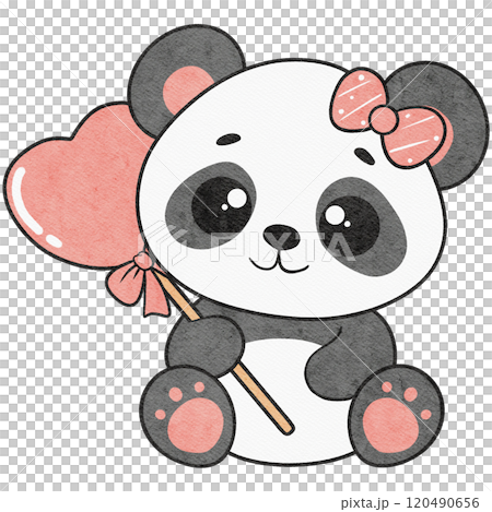 cute baby panda holding a heart lollipop in cartoon style, perfect for valentine designs and illustrations. 120490656