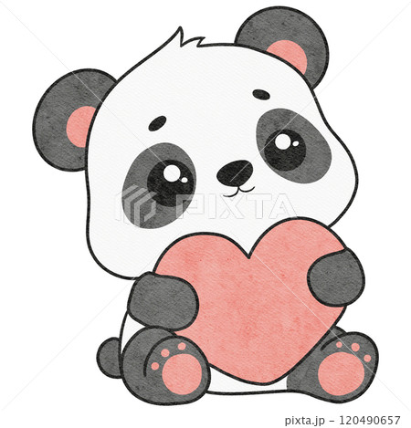valentine baby panda hugging a heart illustration perfect for romantic or love-themed designs, featuring an adorable cartoon style. 120490657