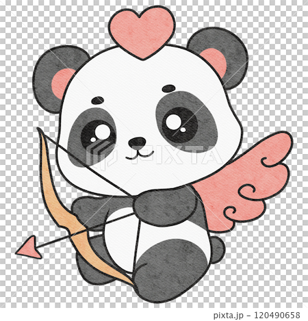 cute baby panda cupid with bow and arrow, perfect for valentine illustrations, greeting cards, and themed artwork. 120490658