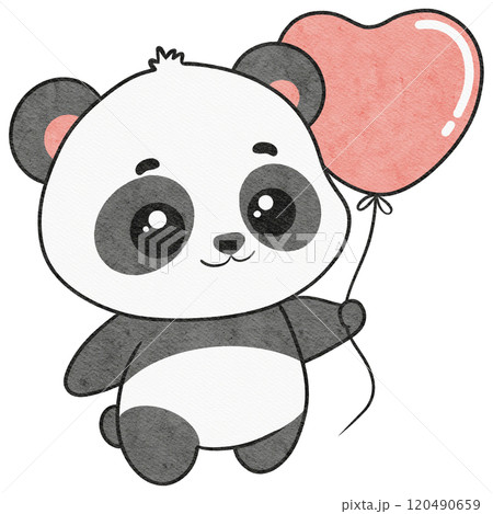 valentine baby panda with a heart balloon, showcasing love and cuteness in a charming illustration. Ideal for valentine themes, cards, and decorations. 120490659