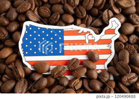 US America flag on coffee beans, shopping online for export or import food product. 120490688