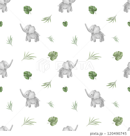 Seamless pattern with leaves monstera and african animals rhinoceros and elephant for children's design. Hand drawn illustration crocodile Cute Print for childish textile design or wallpaper 120490745