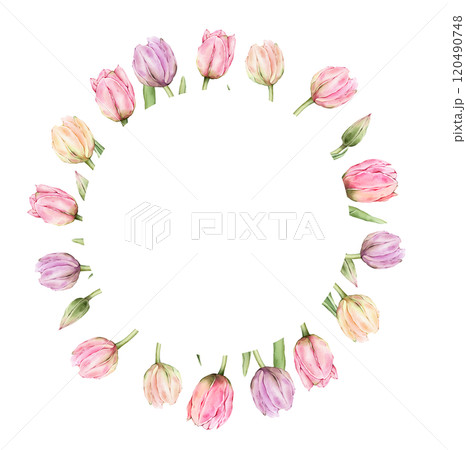 Round frame with pastel multi-colored bud flowers Tulips. Delicate, airy, hand drawn watercolor illustration. For the spring design of postcards, posters, invitations, souvenirs, weddings, parties. 120490748