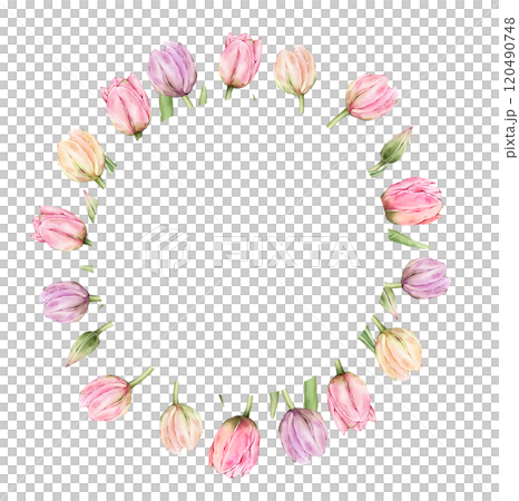 Round frame with pastel multi-colored bud flowers Tulips. Delicate, airy, hand drawn watercolor illustration. For the spring design of postcards, posters, invitations, souvenirs, weddings, parties. 120490748