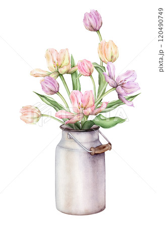 Pastel multi-colored bud bouquet Tulips in metal can watercolor illustration isolated on background. Hand drawn delicate perennial bulbous pink yellow purple flower for spring wedding design or card. 120490749
