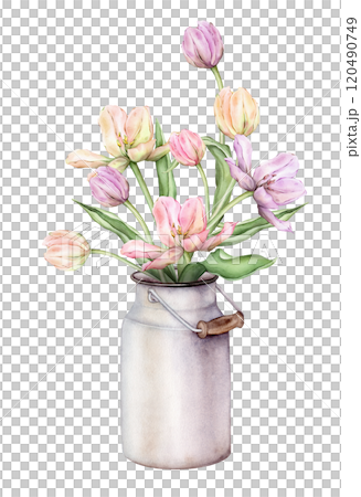 Pastel multi-colored bud bouquet Tulips in metal can watercolor illustration isolated on background. Hand drawn delicate perennial bulbous pink yellow purple flower for spring wedding design or card. 120490749