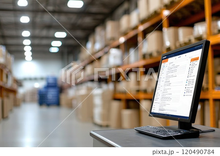 Computer Displaying Inventory Management Software in an Expansive Warehouse Aisle with Stacked Boxes and Shelving Units in Clear Focus Computer Displaying Inventory Management Software in an Expansive Warehouse Aisle with Stacked Boxes and Shelving Units in Clear Focus 120490784