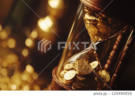 Hourglass Filled with Gold Coins Representing the Concept of Time, Wealth, and Financial Planning in a Blurred Golden Background Suggesting Prosperity and Abundance Hourglass Filled with Gold Coins Representing the Concept of Time, Wealth, and Financial Planning in a Blurred Golden Background Suggesting Prosperity and Abundance 120490858
