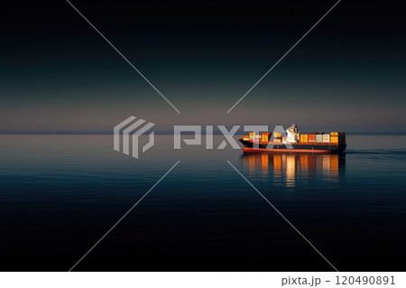 Colorful Cargo Ship on Calm Water at Dusk Colorful Cargo Ship on Calm Water at Dusk 120490891
