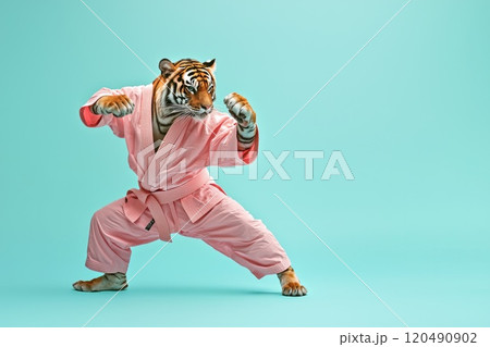 A Powerful Tiger in a Pink Karate Gi Stands in a Dynamic Fighting Stance Against a Soft Blue Background 120490902