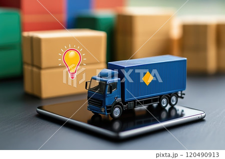 Miniature blue delivery truck on smartphone screen surrounded by colorful cardboard boxes, representing modern logistics and online shopping concept Miniature blue delivery truck on smartphone screen surrounded by colorful cardboard boxes, representing modern logistics and online shopping concept 120490913