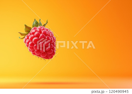 Raspberry Floating in Mid-Air Against Vibrant Background 120490945