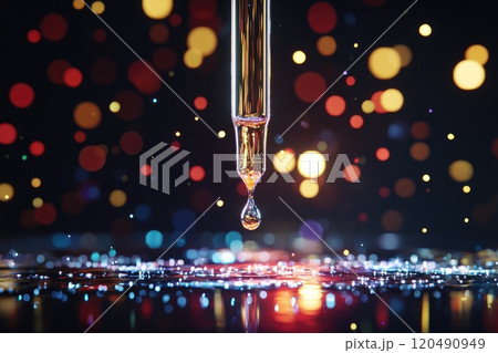 A droplet of liquid is falling from a tube, creating a beautiful 120490949