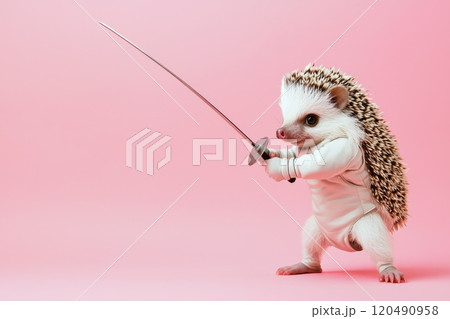 Surreal Image of a Hedgehog Dressed in Fencing Gear Holding a Sword Against a Pink Background 120490958