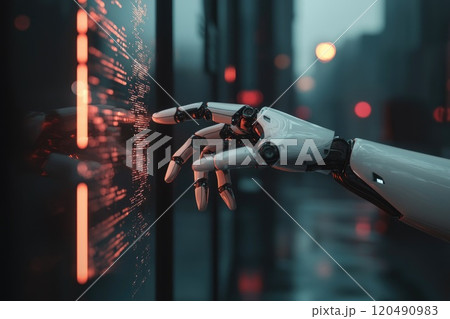 Robotic Hand Touching Holographic Digital Screen 120490983