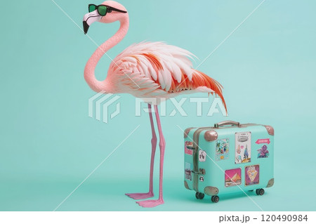 Fun and Stylish Flamingo in Sunglasses Next to a Colorful Vintage Suitcase on a Bright Aqua Background for Vacation and Travel Concepts 120490984